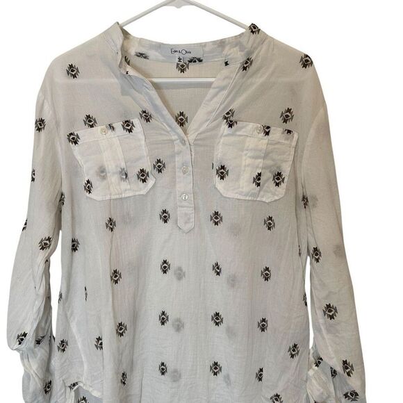 Eden & Olivia Aztec Cotton Roll Tab Sleeve 1/4 Button Shirt Blouse White Large - Picture 1 of 4